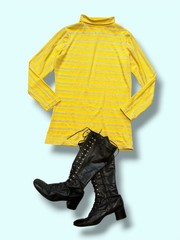 Vintage Small Mod Gogo 1960s Long Sleeve Mini Dress Small Medium Yellow silver