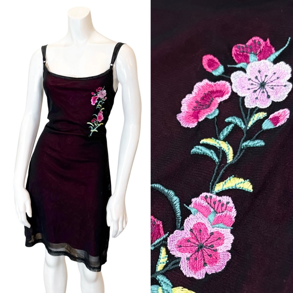 Vintage 90’s Y2K MESH TANK DRESS w FLORAL EMBROIDERY M Grunge Punk Mall Core