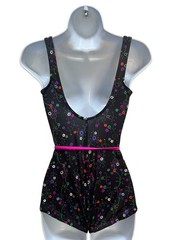 Vtg 80s Gabar Ditsy Floral Bathing Suit 10 One Piece Belt Tie Black Colorful Wow