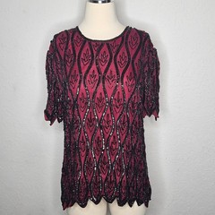 Stenay Petite Vintage Beaded Sequin Silk Blouse Burgundy Black Scalloped PL