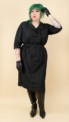 1950s Vtg Black Plus Size Volup Collared Sailor Button Dress Goth Pin Up 1X B48″