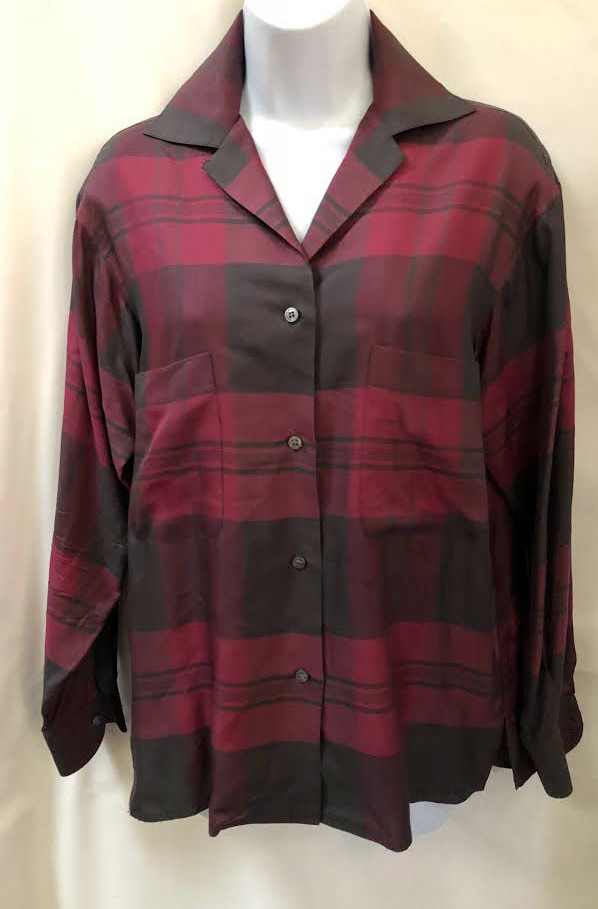 Genuine VTG PERRY ELLIS Sz 2 Maroon Plaid Silk Button Down Long Sleeve Shirt