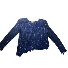 Swee Lo Vintage Womens Size S Royal Blue Silk Sequin Beaded Asymmetrical Blouse