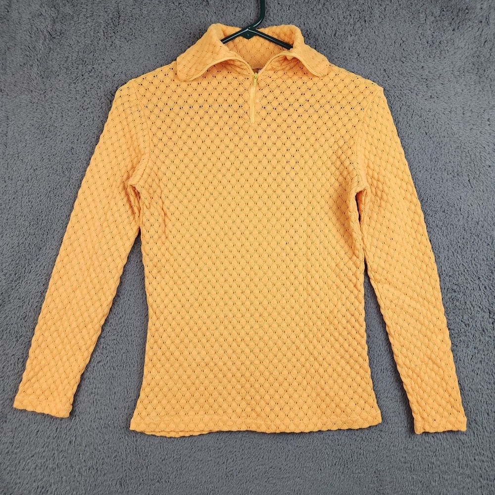 Vintage 70s Yellow Pointelle Knit Quarter Zip Long Sleeve Top Womens Small Retro