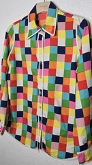 Vtg 70s Mod Pop Art Rainbow Checkered White Trim Pointed Collar Blouse Sz L