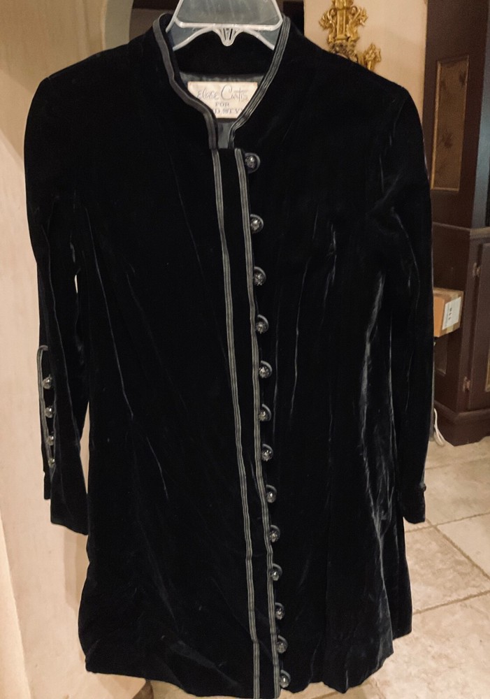 Eloise Curtis Black Velvet Coat Dress Jacket Rhinestone Buttons !! Vintage Small