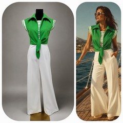 VTG’70s Melissa Lane Green White Nautical Wide Leg Jumpsuit Retro Mod Disco