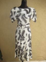 Vintage 80s Sterling Silver rayon satin black feather tulip swing dress 3/4