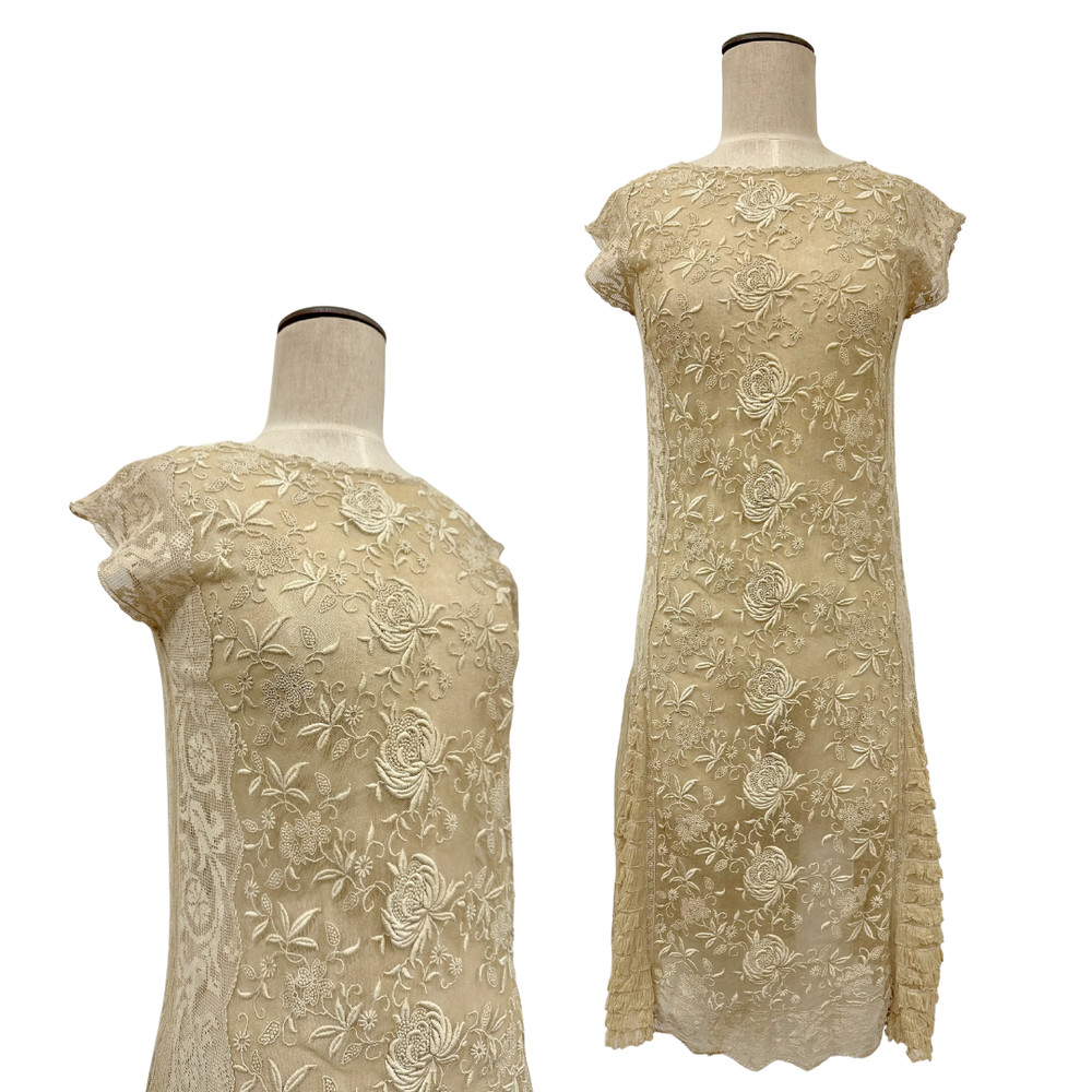 Antique 1900s Edwardian Ecru Net Lace Floral Embroidered Sheer Tea Dress