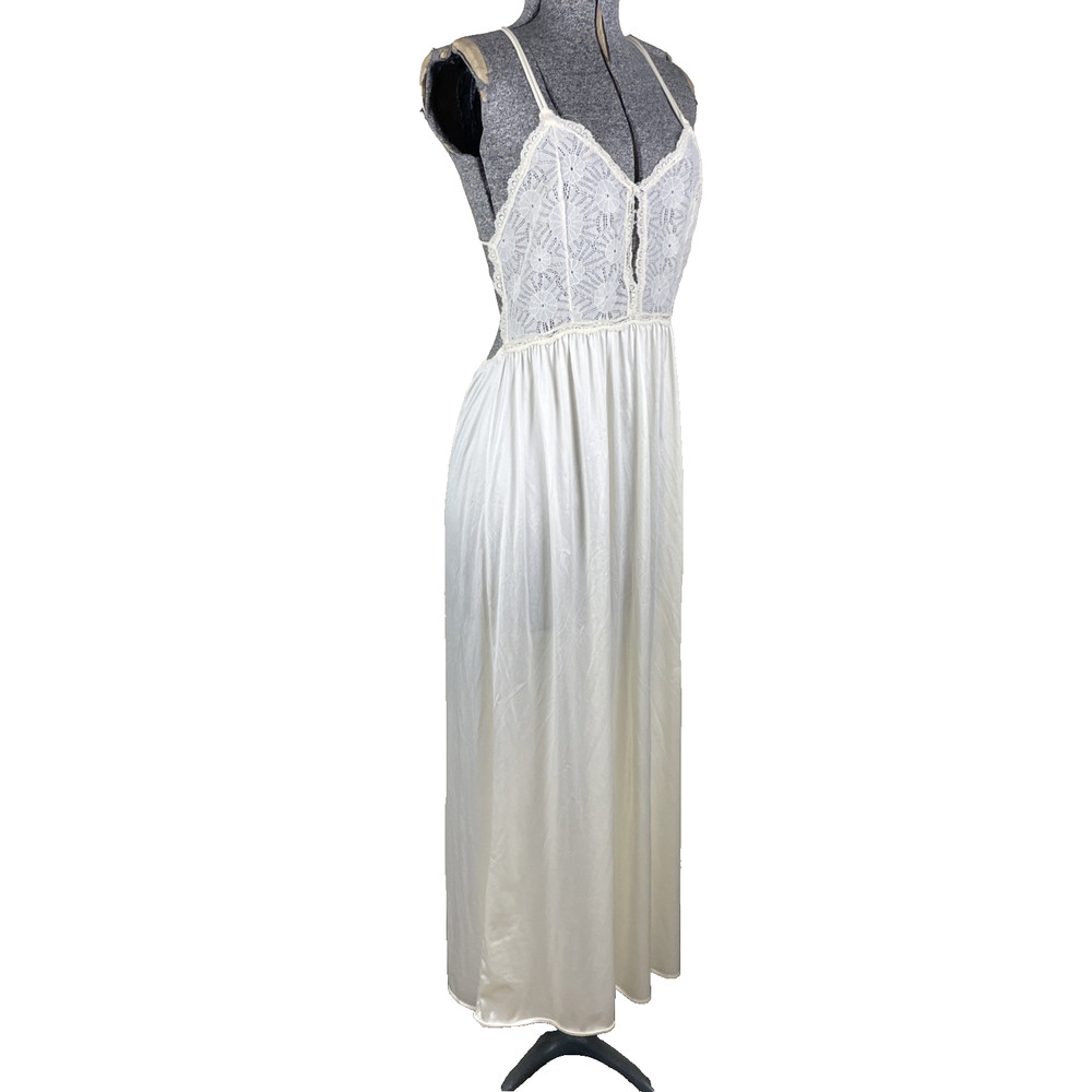 Vintage 80s Joie De Vie Nightgown Size Small Ivory Backless Keyhole Nylon Lace