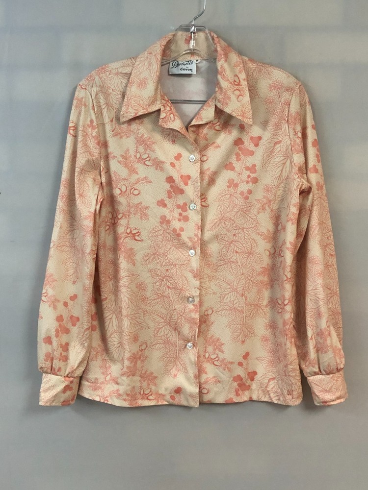 Devon Vtg 70s Polyester Top Size M Floral Blouse Collared Long Sleeves Button Up