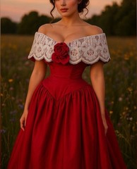 House of Bianchi Vintage 1940s Red Off-Shoulder Lace Corset Gown | Made in USA
