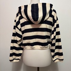Tarazzia Sport Cropped Hoodie M Navy Cream Stripe Nautical Marin Bleu 90s French