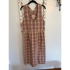 Woolrich VTG Seersucker Apron Dress Green Pink Plaid Cottagecore Size Large