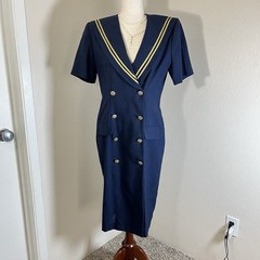 Vtg Leslie Fay Sailor Dress Navy Blue W/ Gold Trim & Buttons Nautical Sz 10