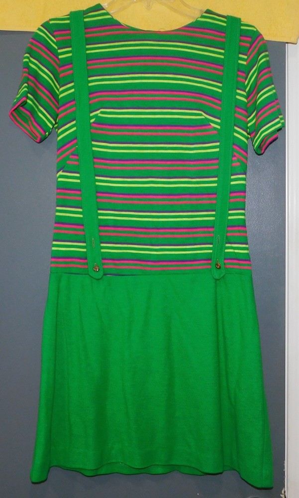VTG 60s 70’s DRESS MINI JUMPER STRIPED KNIT POLY GREEN XS/S MOD GOGO GROOVY