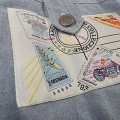 Madness Vintage USA Chambray Bodysuit Womens S Artsy Travel Americana Patches