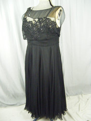 Vtg 50s Illusion Black Chiffon Beaded Ivory Bodice Party Dress-Bust 39/M