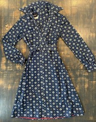 Vintage 1970s DW3 David Warren Collared Dress Navy & White Floral Belted Sz S/M