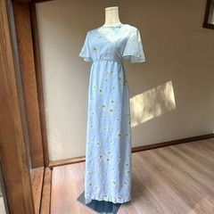 Vintage 1970s Flocked Floral Daisy Maxi Dress with Empire Waist