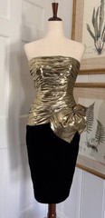 Vintage 1980’s 1990’s A.J. Bari Gold Lame Ruched Bustier Fitted Dress Huge Bow
