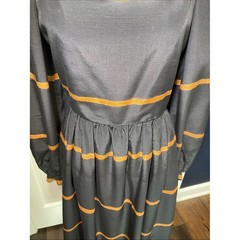 Vintage Square Neck Puff Long Sleeve Midi Dress Black Ochre Stripe Size 6