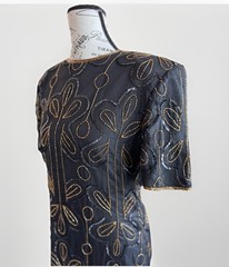 vintage 80s handmade gatsby black and gold party beaded sheath dress