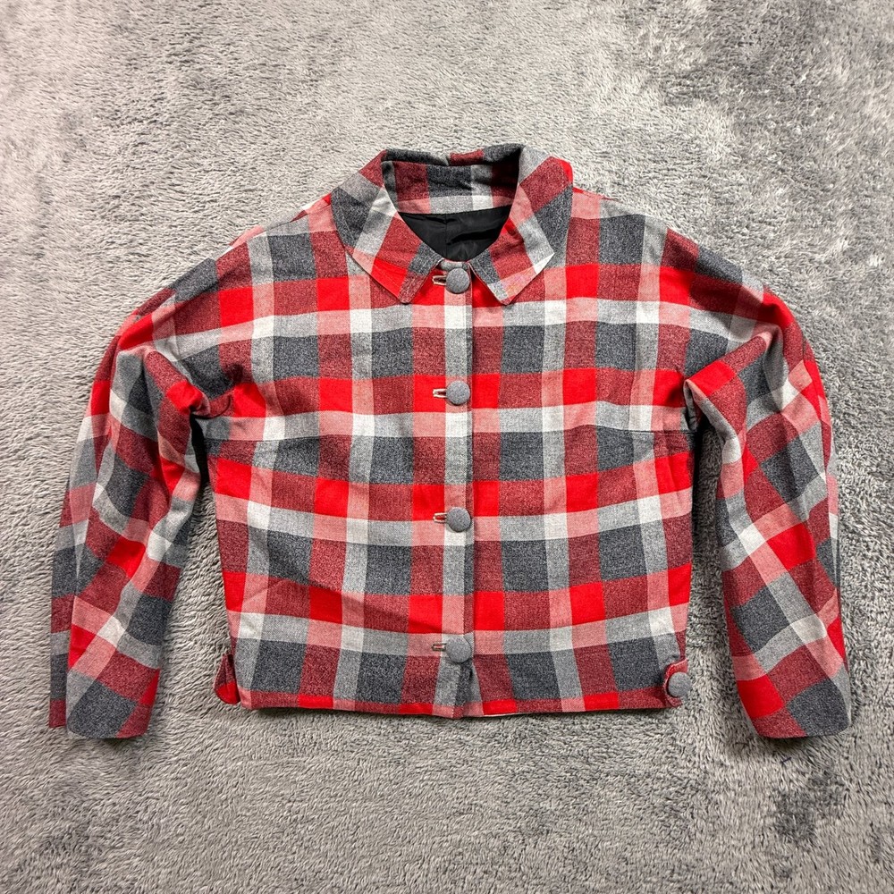 Vintage 50s 60s Cropped Wool Blend Buffalo Check Plaid Jacket Women XS S Red
