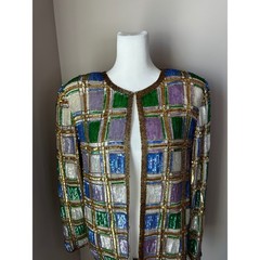Vintage with Tags! Laurence Kazar Silk Sequin Beaded Plaid Jacket Medium Large