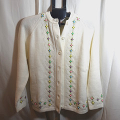 Vintage Voguemont Acrylic Cardigan Sweater Floral Embroidered Pastel Knit Medium
