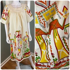Vintage 70s Handmade Novelty Kachina Doll Southwest Midi Caftan House Dress M/L