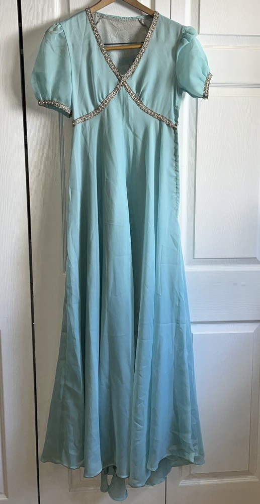 VTG Handmade Maxi Dress A-Line V Neck Puff Short Sleeves Flowy Blue Sz M