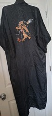 Vintage Satin Asian Dragon Kimono Embroidered Pockets Long Robe Large Black