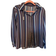 Vintage Vertical Multi Color Striped Long Sleeve Button Down Blouse Burgundy