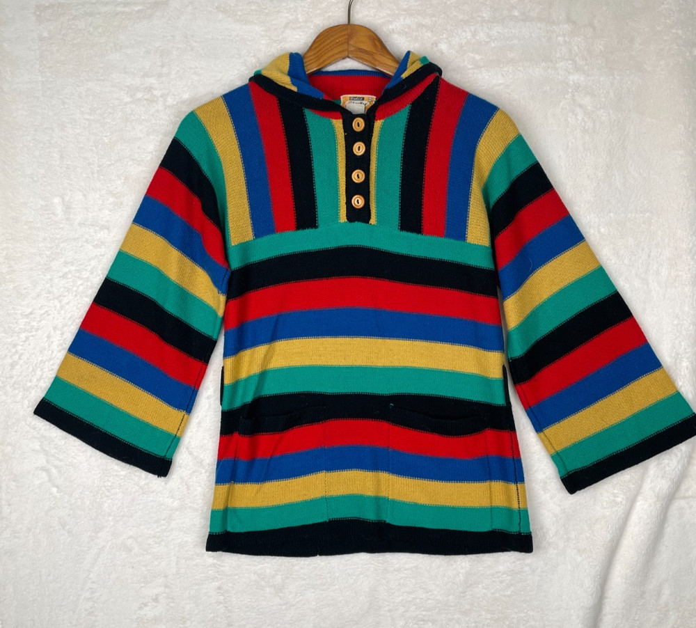 Vintage 70s Woolco Acrylic Sweater Hoodie Sz Med Multicolor Striped Hippie Boho