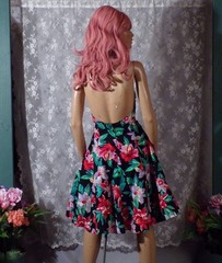 Vintage 80s Floral Halter Dress Size Medium 1980s Retro Rockabilly Summer Party
