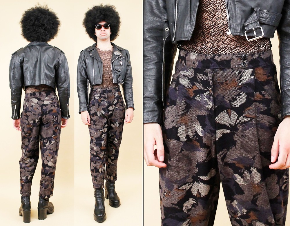 80s Vtg German Designer Rene Lezard Black Floral Woven Cotton Trouser Pant