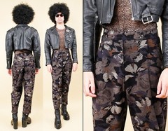 80s Vtg German Designer Rene Lezard Black Floral Woven Cotton Trouser Pant