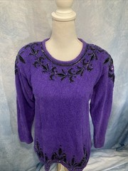 Vtg 90s IB DIFFUSION Beaded Sweater Purple Silk Angora Maximalist Shoulder Pads