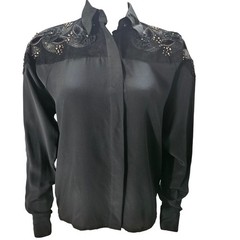 Cedars Petite Vintage Black Silk Blouse Snake Skin Leather Embellished 6P