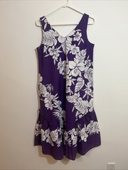 Hawaiian Maxi Dress Helenas Small Purple Floral Vintage 100% Cotton Ruffled Hem