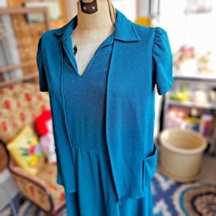 Vintage 1970’s -Cinched Waist Soft Terry Poly Sun Dress w Cardigan Top Size L