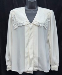 VTG David Matthew Women Size 12P Button Up Long Sleeve Lace Collar Blouse Cream