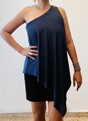 90s Vintage Boutique One shoulder asymmetric Navy Blue Long Blouse Top Dress M
