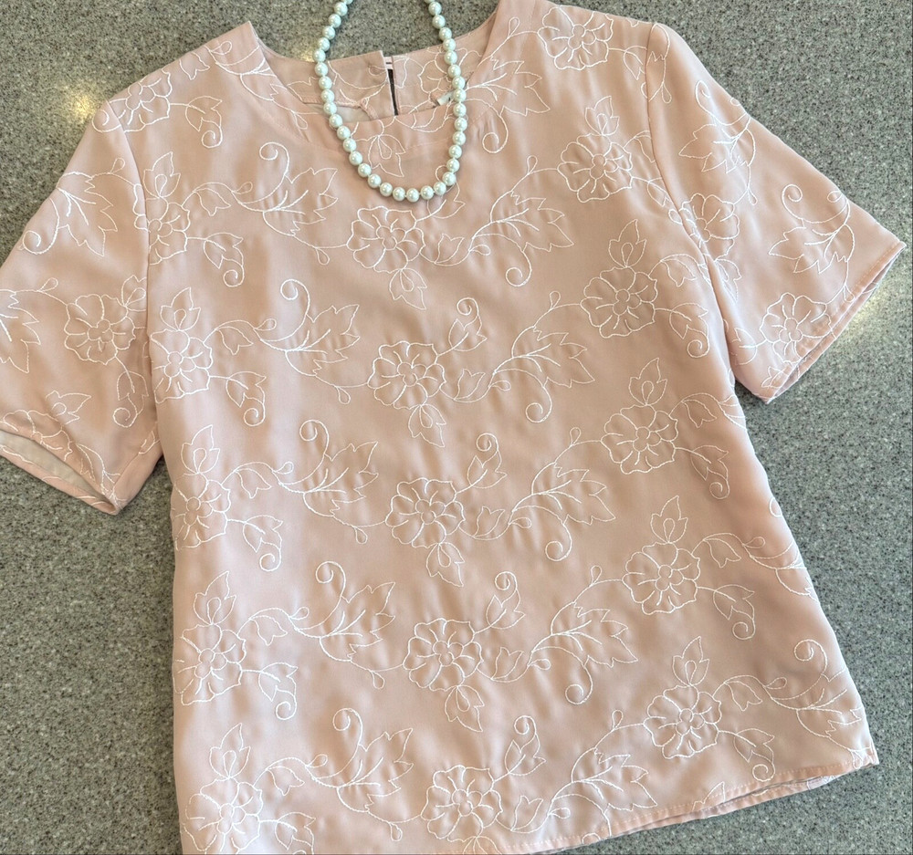 FRITZ & LLOYD Vintage Blush Pink Embroidered Short Sleeve Popover Blouse Sz 12