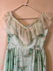 70s vintage Prairie Gown Handmade GREEN PURPLE EYELET & LACE Maxi Long Dress S