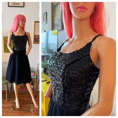 ✨ Vtg 50s 60s Black Sequin Bodice Chiffon Circle Skirt Party Dress Metal Zip M