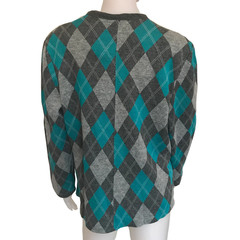 Vintage 1960s Gray Argyle Sweater With Antique Buttons Front Pockets Sz L