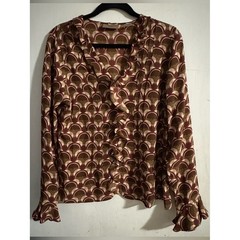 Vintage i.e. 100% Silk Ruffle Front Blouse – Art Deco Geometric Print – Size M