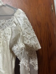 Vintage Size 10 Wedding Dress, Puffed Sleeves, High Neck, Long Train